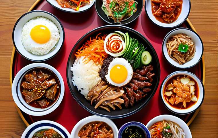 **
A vibrant Korean feast on a table. Many colorful side dishes (banchan) surrounding a central dish of Bibimbap. Include kimchi, bulgogi. Focus on the bright colors and variety of textures. Represent a shared meal, family gathering.
**
