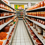 **A bustling Lisbon supermarket aisle overflowing with colorful plastic containers of kimchi, juxtaposed with a faded memory of a traditional Korean grandmother's kimchi cellar, filled with earthenware pots and natural light.**