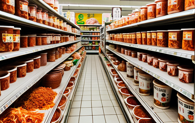 **A bustling Lisbon supermarket aisle overflowing with colorful plastic containers of kimchi, juxtaposed with a faded memory of a traditional Korean grandmother's kimchi cellar, filled with earthenware pots and natural light.**