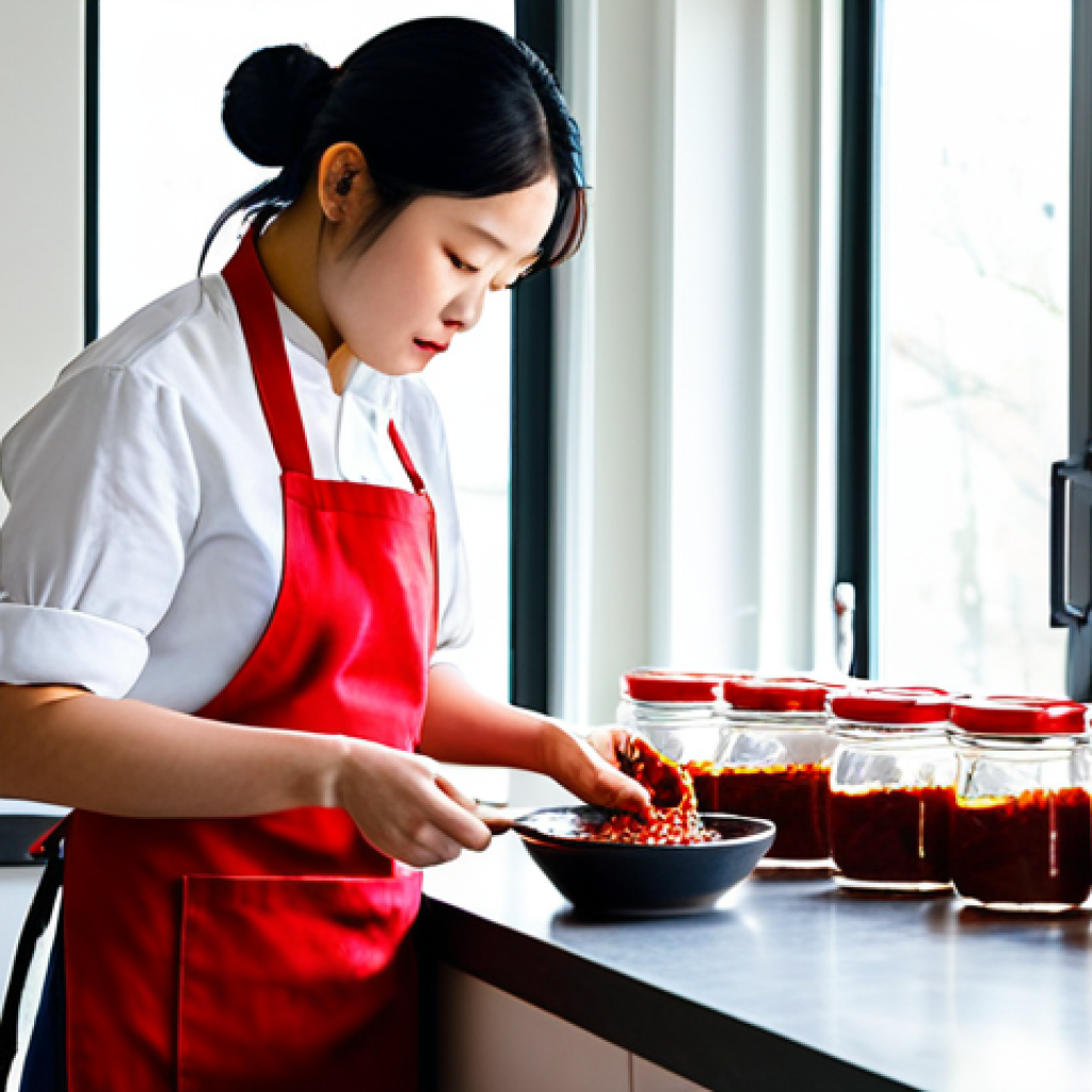 A Journey of Culinary Discovery**
A focused, professional food enthusiast, wearing a clean and modest kitchen apron over appropriate attire, stands in a brightly lit, modern kitchen. They are meticulously inspecting several jars of Korean Gochujang, which are neatly lined up on a pristine countertop. Sunlight streams through a window, casting a warm glow and highlighting the rich red color of the Gochujang. Small, neat tasting bowls and spoons are visible on the counter, suggesting a careful evaluation process. The atmosphere is one of dedication and culinary curiosity. Professional photography, studio lighting, sharp focus, vibrant colors, high resolution, perfect anatomy, correct proportions, natural pose, well-formed hands, proper finger count, natural body proportions, safe for work, appropriate content, fully clothed, professional.

**
