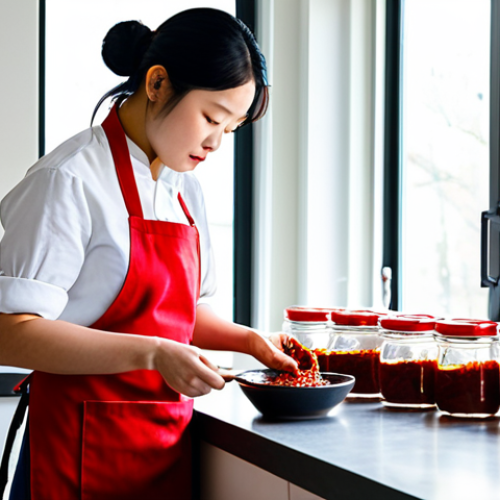 Home 21 A Journey of Culinary Discovery**
A focused, professional food enthusiast, wearing a clean and modest kitchen apron over appropriate attire, stands in a brightly lit, modern kitchen. They are meticulously inspecting several jars of Korean Gochujang, which are neatly lined up on a pristine countertop. Sunlight streams through a window, casting a warm glow and highlighting the rich red color of the Gochujang. Small, neat tasting bowls and spoons are visible on the counter, suggesting a careful evaluation process. The atmosphere is one of dedication and culinary curiosity. Professional photography, studio lighting, sharp focus, vibrant colors, high resolution, perfect anatomy, correct proportions, natural pose, well-formed hands, proper finger count, natural body proportions, safe for work, appropriate content, fully clothed, professional.
**