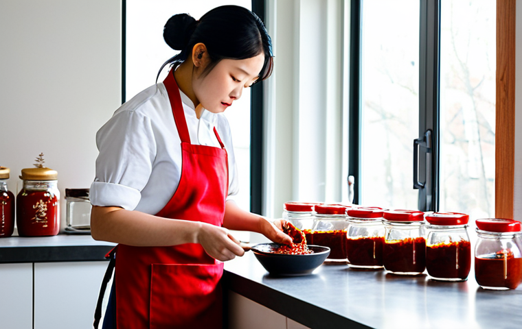 A Journey of Culinary Discovery**
A focused, professional food enthusiast, wearing a clean and modest kitchen apron over appropriate attire, stands in a brightly lit, modern kitchen. They are meticulously inspecting several jars of Korean Gochujang, which are neatly lined up on a pristine countertop. Sunlight streams through a window, casting a warm glow and highlighting the rich red color of the Gochujang. Small, neat tasting bowls and spoons are visible on the counter, suggesting a careful evaluation process. The atmosphere is one of dedication and culinary curiosity. Professional photography, studio lighting, sharp focus, vibrant colors, high resolution, perfect anatomy, correct proportions, natural pose, well-formed hands, proper finger count, natural body proportions, safe for work, appropriate content, fully clothed, professional.

**