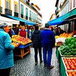 **

"A vibrant farmers market scene in Portugal, featuring stalls overflowing with fresh, locally grown fruits and vegetables. People are browsing, smiling and interacting with the vendors.  Baskets are filled with colorful produce like oranges, tomatoes, and greens. In the background, traditional Portuguese architecture can be seen.  Fully clothed, appropriate attire, safe for work, perfect anatomy, natural proportions, professional, family-friendly, modest setting."

**