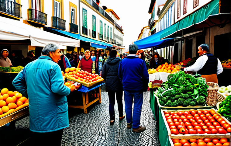 **

"A vibrant farmers market scene in Portugal, featuring stalls overflowing with fresh, locally grown fruits and vegetables. People are browsing, smiling and interacting with the vendors.  Baskets are filled with colorful produce like oranges, tomatoes, and greens. In the background, traditional Portuguese architecture can be seen.  Fully clothed, appropriate attire, safe for work, perfect anatomy, natural proportions, professional, family-friendly, modest setting."

**