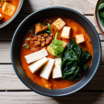**

"A bowl of steaming *doenjang jjigae* (Korean soybean paste stew) with tofu, vegetables, and a hint of red pepper flakes, presented on a rustic wooden table. Side dishes of *kimchi* and seasoned spinach surround the main bowl. The background features a warm, inviting kitchen scene with natural light. Focus on capturing the comforting and hearty nature of the dish. fully clothed, safe for work, appropriate content, professional food photography, high quality, perfect anatomy, natural proportions, family-friendly."

**