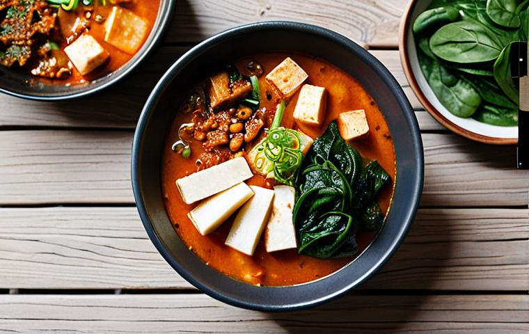 **

"A bowl of steaming *doenjang jjigae* (Korean soybean paste stew) with tofu, vegetables, and a hint of red pepper flakes, presented on a rustic wooden table. Side dishes of *kimchi* and seasoned spinach surround the main bowl. The background features a warm, inviting kitchen scene with natural light. Focus on capturing the comforting and hearty nature of the dish. fully clothed, safe for work, appropriate content, professional food photography, high quality, perfect anatomy, natural proportions, family-friendly."

**