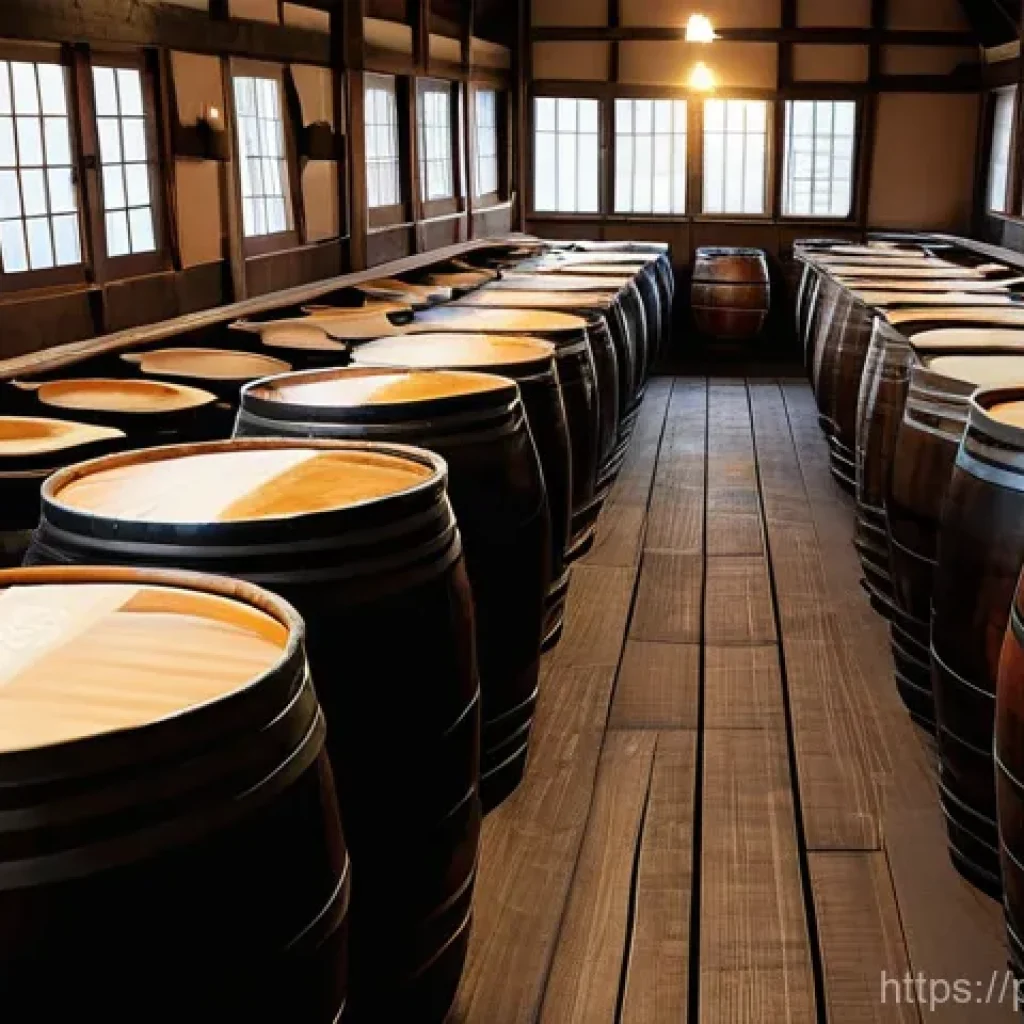 장류 제조사별 비교 - **Prompt:** A close-up, high-angle shot of a traditional, artisanal Japanese shoyu brewery. Focus on...