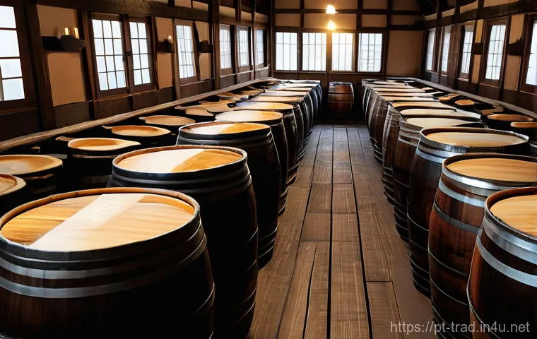 장류 제조사별 비교 - **Prompt:** A close-up, high-angle shot of a traditional, artisanal Japanese shoyu brewery. Focus on...