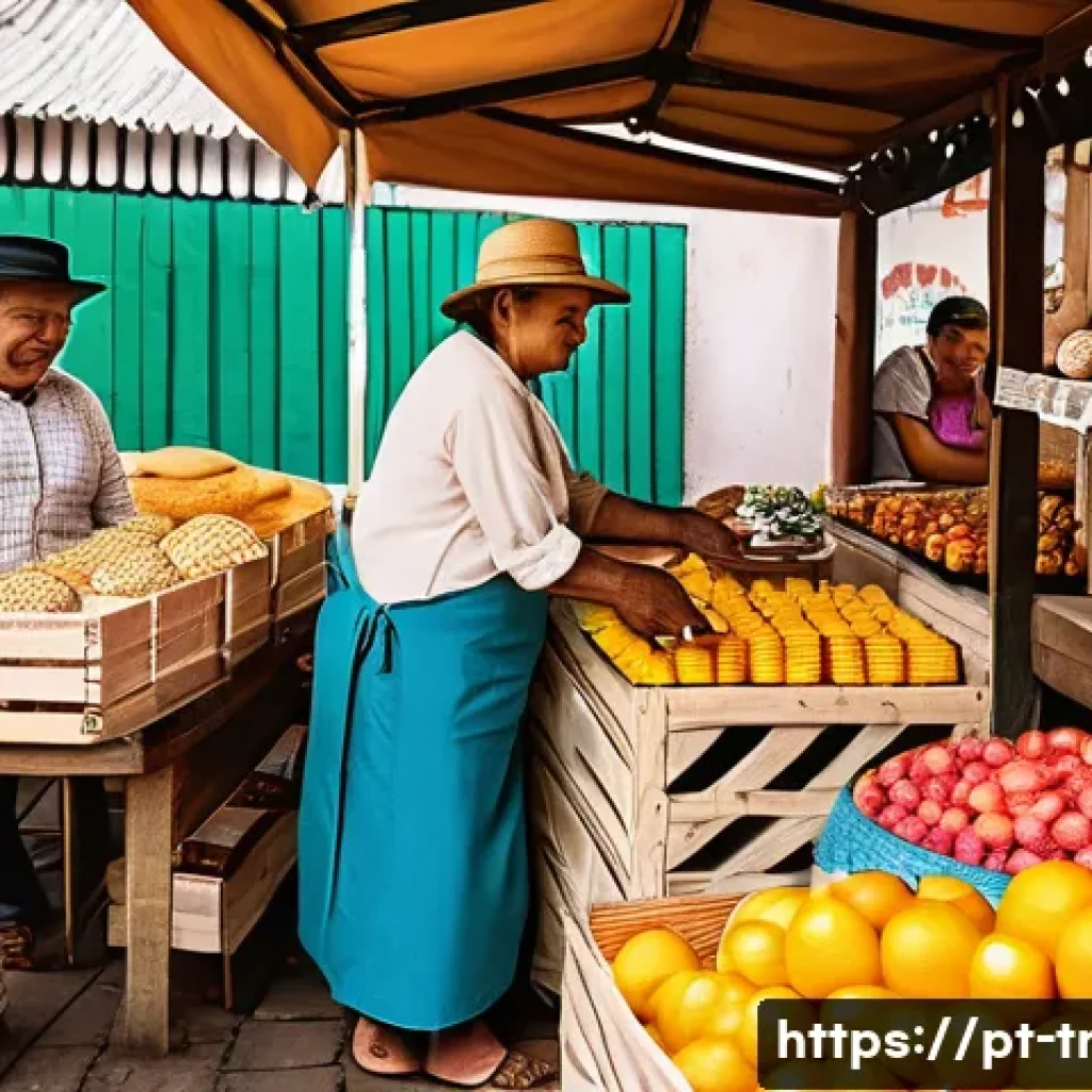 전통식품의 온라인 마케팅 전략 - A vibrant, high-resolution photograph of a traditional Brazilian food market stall featuring artisan...
