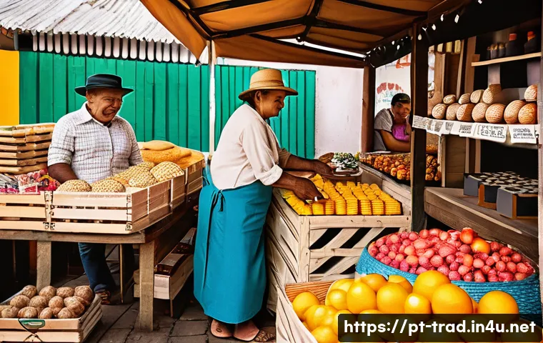 전통식품의 온라인 마케팅 전략 - A vibrant, high-resolution photograph of a traditional Brazilian food market stall featuring artisan...