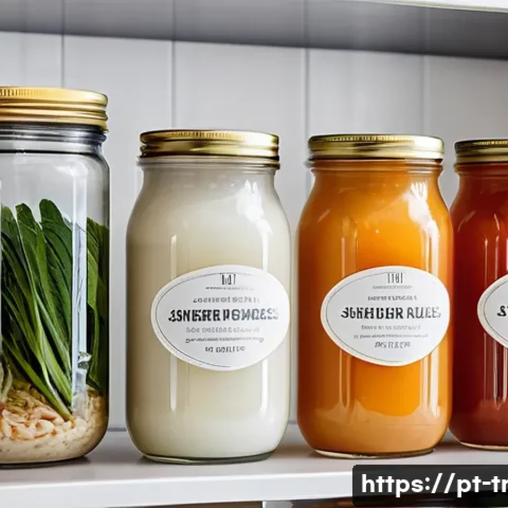 전통 발효식품의 보관법 - A bright, modern kitchen scene featuring various types of fermented foods stored in clear glass cont...