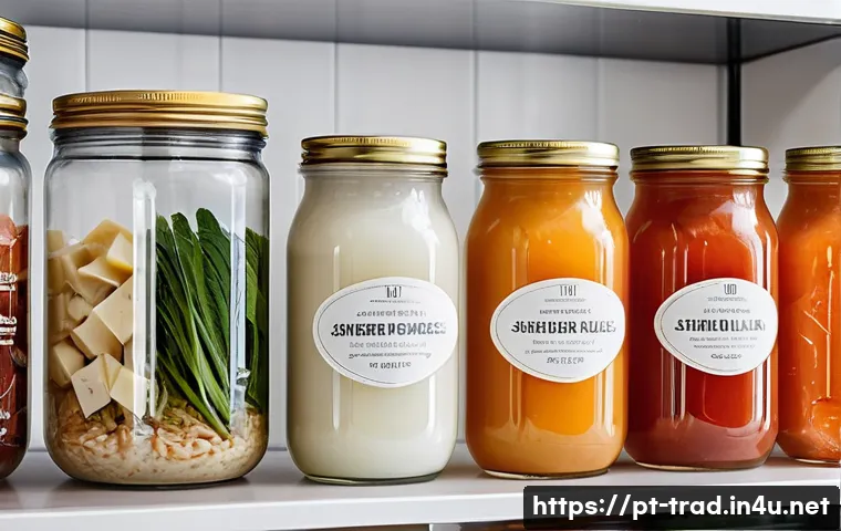 전통 발효식품의 보관법 - A bright, modern kitchen scene featuring various types of fermented foods stored in clear glass cont...