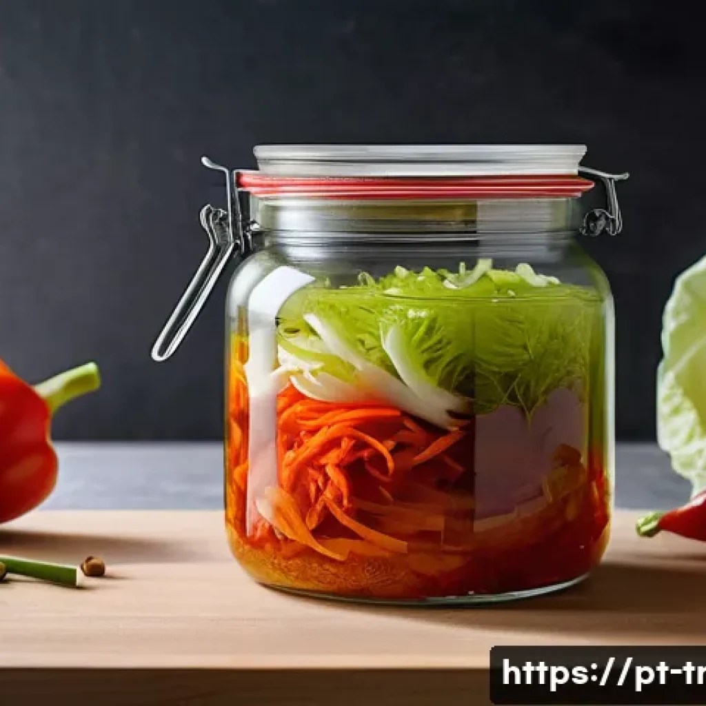 전통김치의 숙성 기간 - A detailed close-up of a traditional Korean kimchi jar made of glass with a hermetic lid, placed in ...