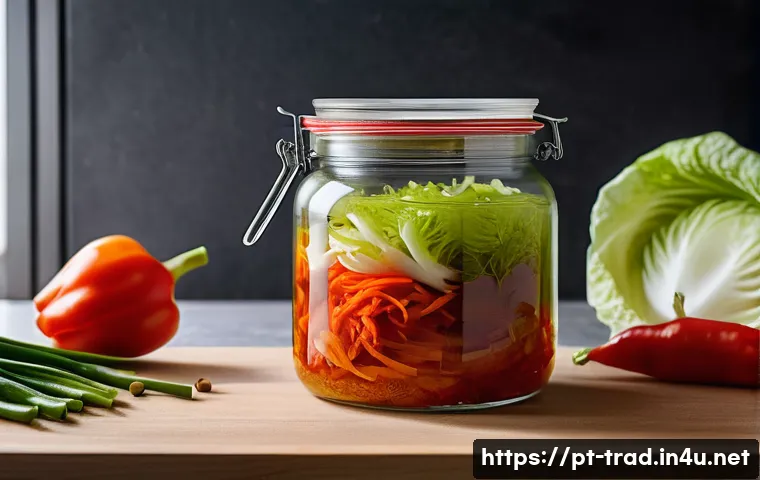 전통김치의 숙성 기간 - A detailed close-up of a traditional Korean kimchi jar made of glass with a hermetic lid, placed in ...