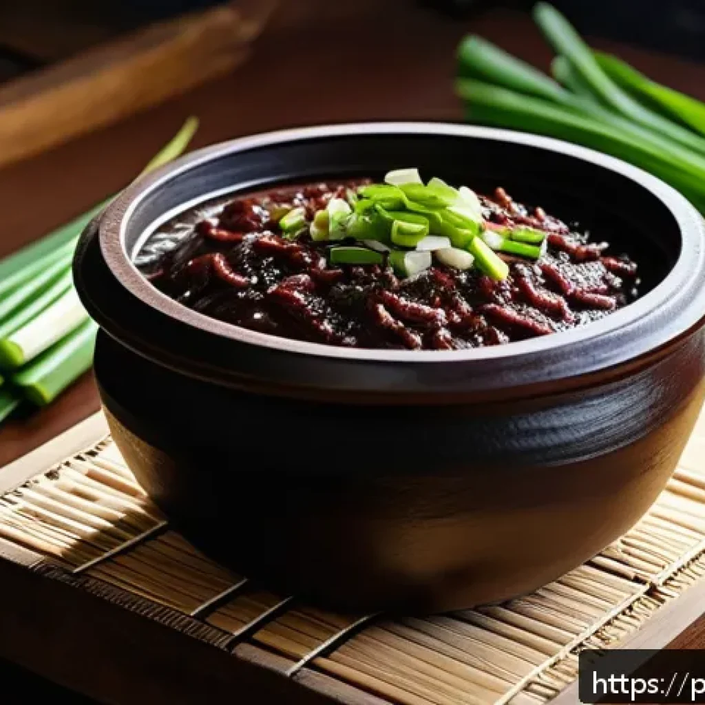 된장의 종류와 특징 - A traditional Korean kitchen scene featuring a rustic ceramic pot of dark brown doenjang paste with ...