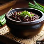 된장의 종류와 특징 - A traditional Korean kitchen scene featuring a rustic ceramic pot of dark brown doenjang paste with ...