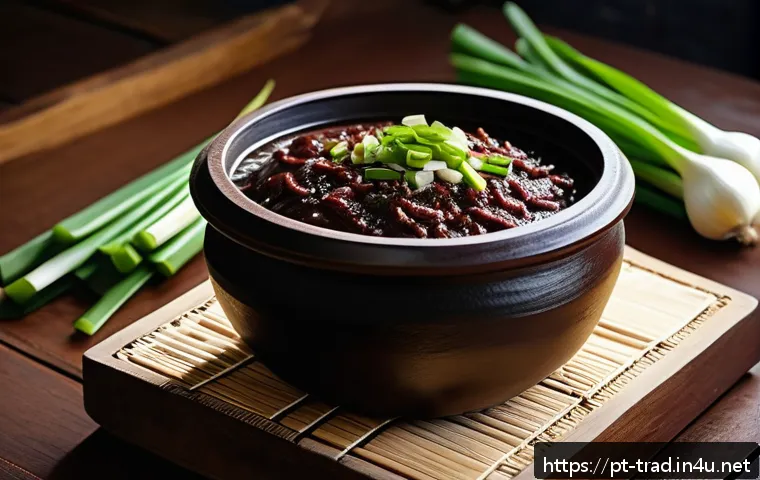 된장의 종류와 특징 - A traditional Korean kitchen scene featuring a rustic ceramic pot of dark brown doenjang paste with ...