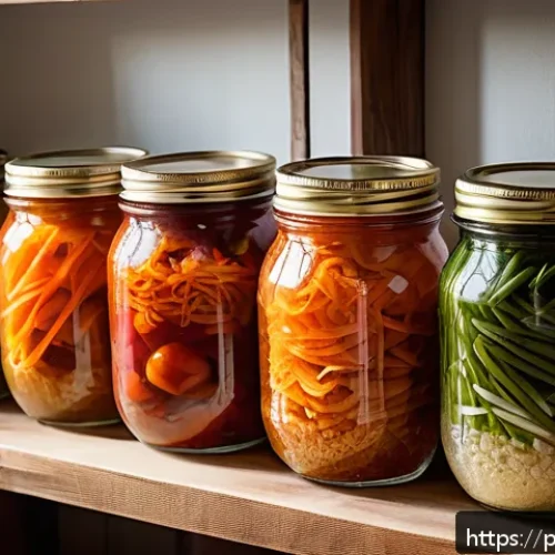 전통식품의 발효 종류 - A rustic kitchen scene showcasing artisanal fermentation in progress: glass jars filled with vibrant...