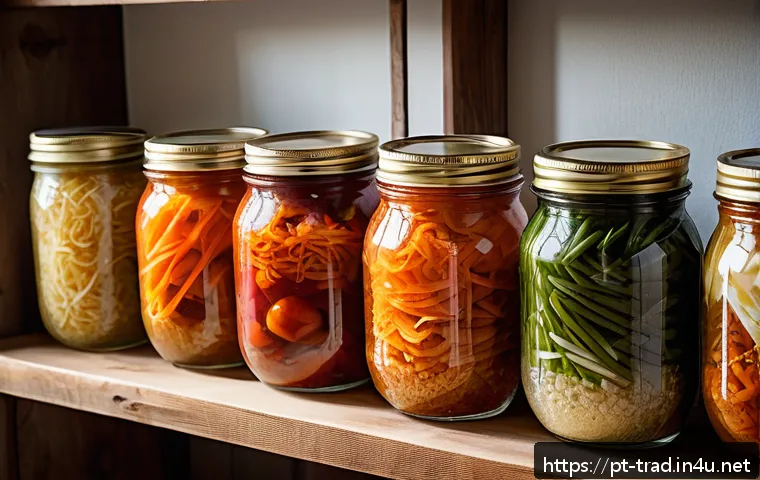 전통식품의 발효 종류 - A rustic kitchen scene showcasing artisanal fermentation in progress: glass jars filled with vibrant...