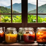 전통 발효식품 - A rustic Brazilian kitchen scene showcasing traditional fermentation in progress: a wooden table wit...