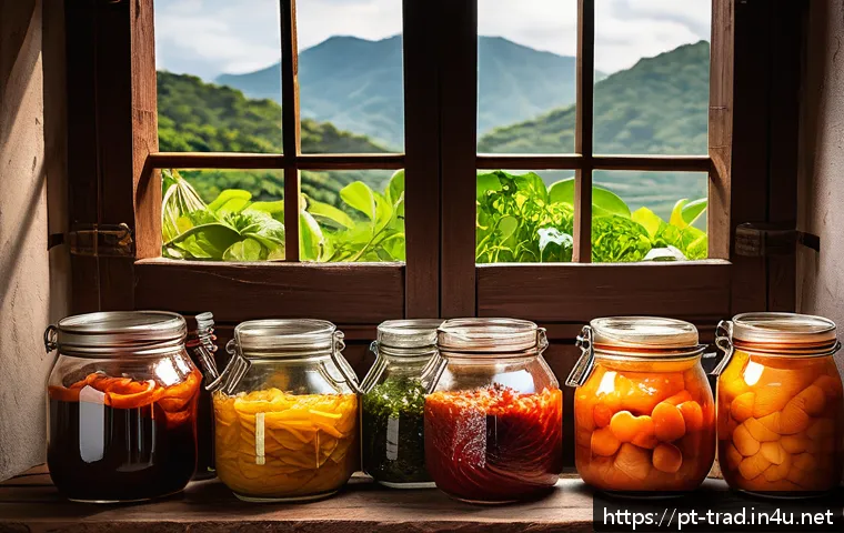 전통 발효식품 - A rustic Brazilian kitchen scene showcasing traditional fermentation in progress: a wooden table wit...
