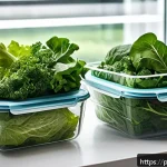 전통식품의 보관 방법 - A bright and clean kitchen countertop scene featuring a variety of fresh leafy vegetables such as le...