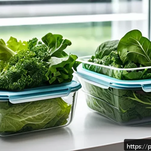 전통식품의 보관 방법 - A bright and clean kitchen countertop scene featuring a variety of fresh leafy vegetables such as le...