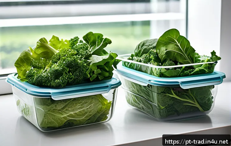 전통식품의 보관 방법 - A bright and clean kitchen countertop scene featuring a variety of fresh leafy vegetables such as le...