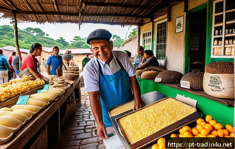 재래식푸드의 HACCP 인증 - A vibrant artisanal Brazilian food market scene, showcasing small local producers proudly displaying...